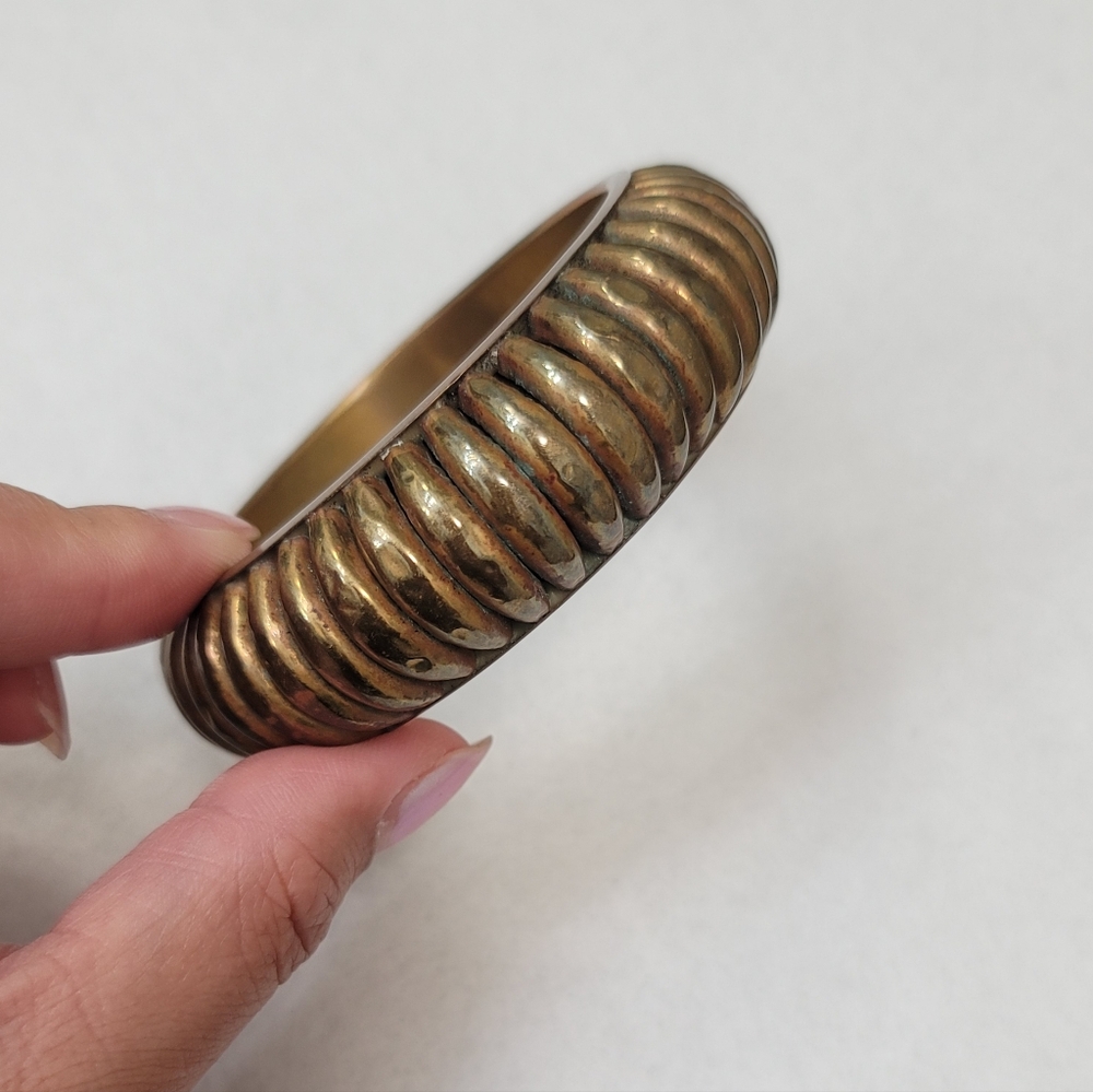 Chunky Brass Bangle Bracelet With Incredible Hollow, Ribbed Design - Vintage